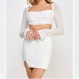 Oh Polly Embellished Crop Long Sleeve Top And Mini Skirt Cream Size 6 And 4